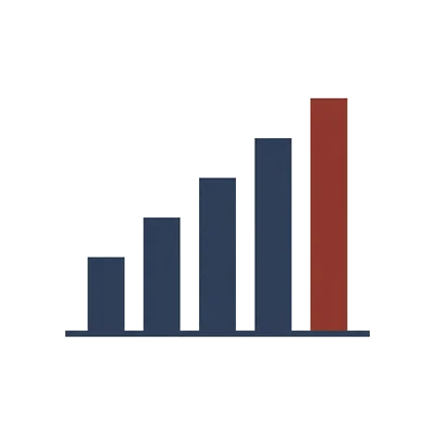 Illustration of a bar chart with five rising bars, the tallest in oxblood