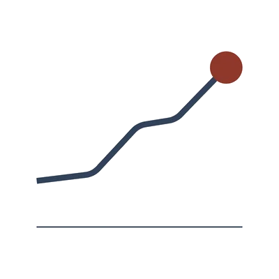 Illustration of a rising line chart ending in an oxblood point