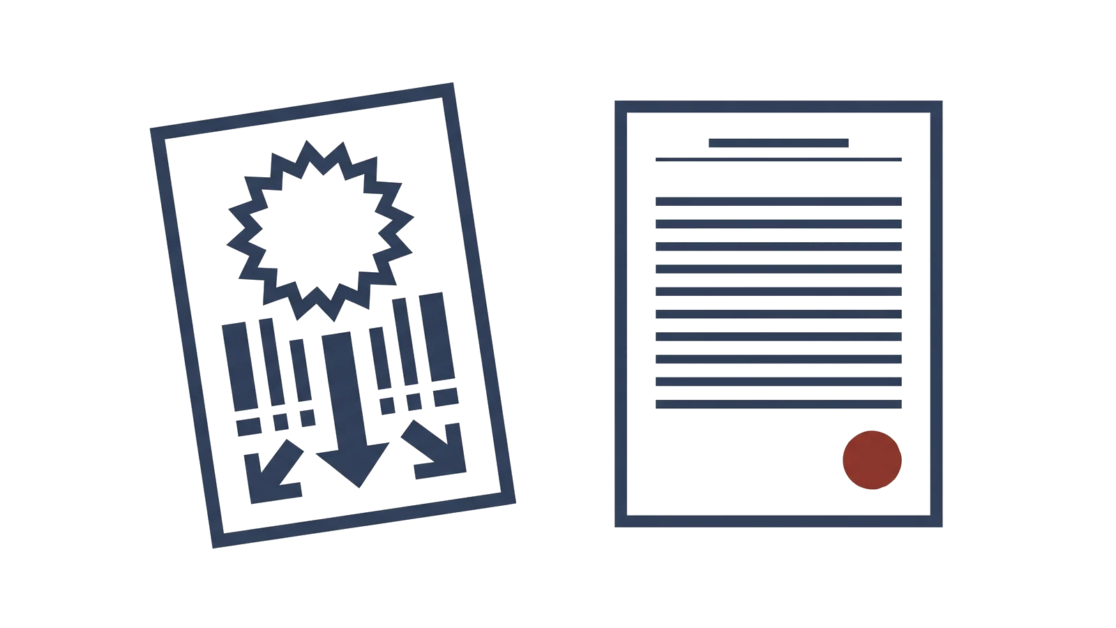 Illustration of a loud advertising flyer with starburst shapes beside a calm ruled register document with a small seal