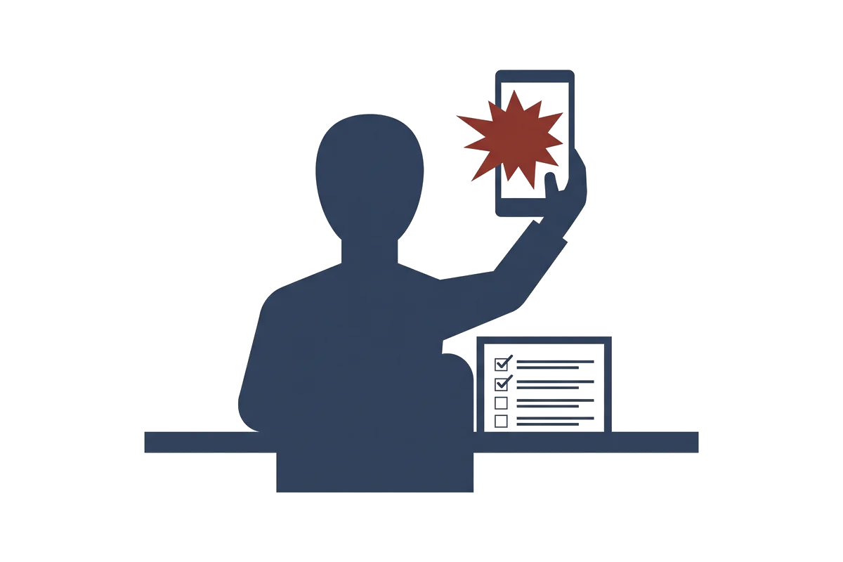Illustration of a person seen from behind holding a phone showing a starburst ad, with a ruled checklist document on the table in front of them